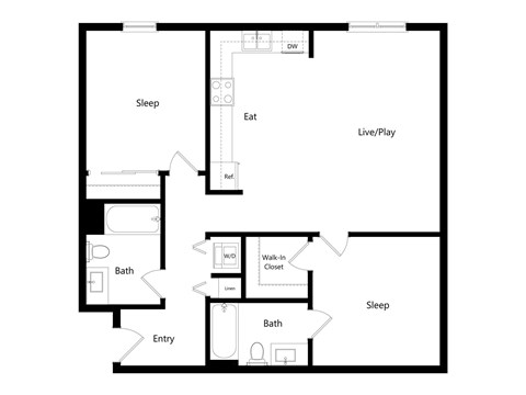 A floor plan of a house with a sleeping area, a living/play area, a bathroom, and an entry point.
